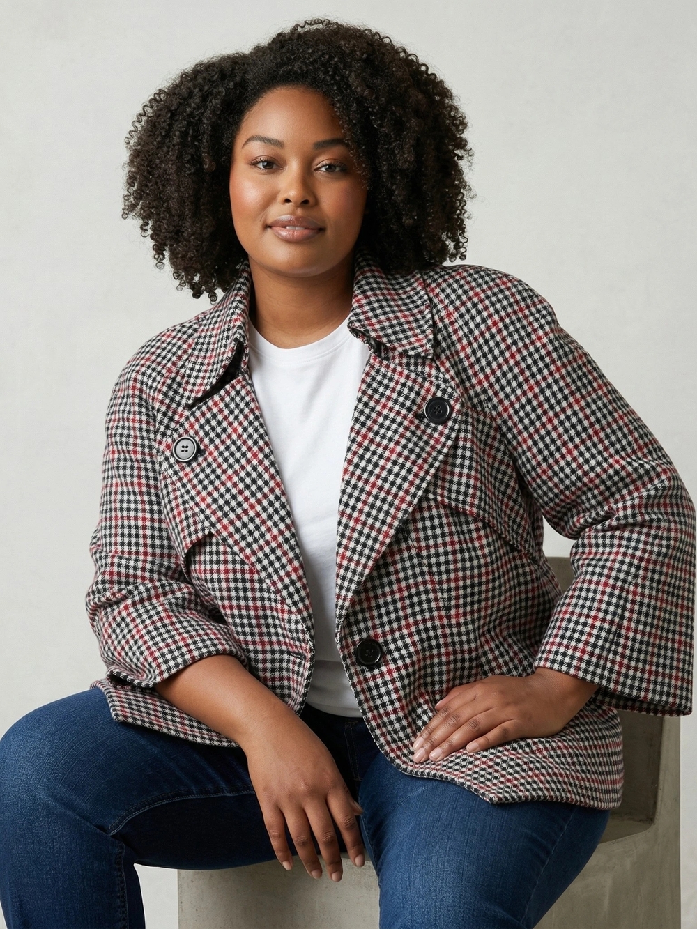 Nine West Plus-Size Houndstooth Jacket - Black, White, Red